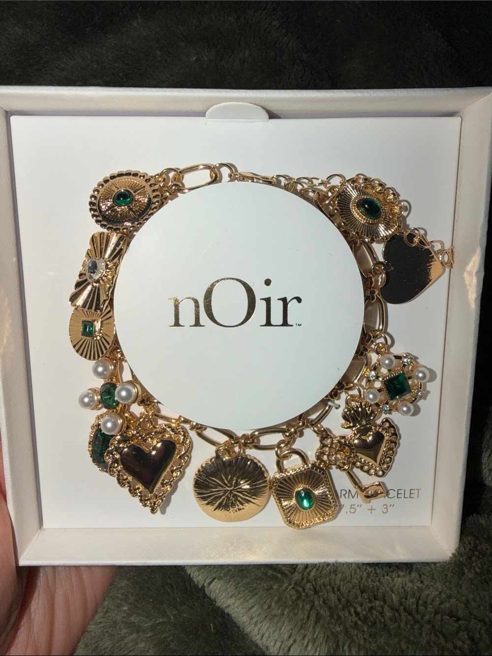 nOir Jewelry Gold Charm Bracelet with Emerald Green Stones and Pearl Accents